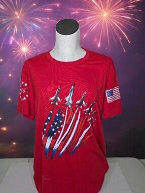 Patriotic Red Graphic Tee with USA Flag Jets Xl